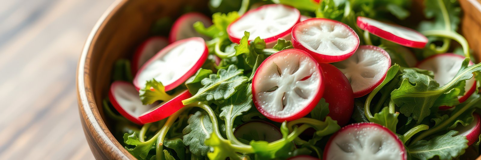 Fresh salad with sliced radishes and leafy greens in a wooden bowl on a rustic table
